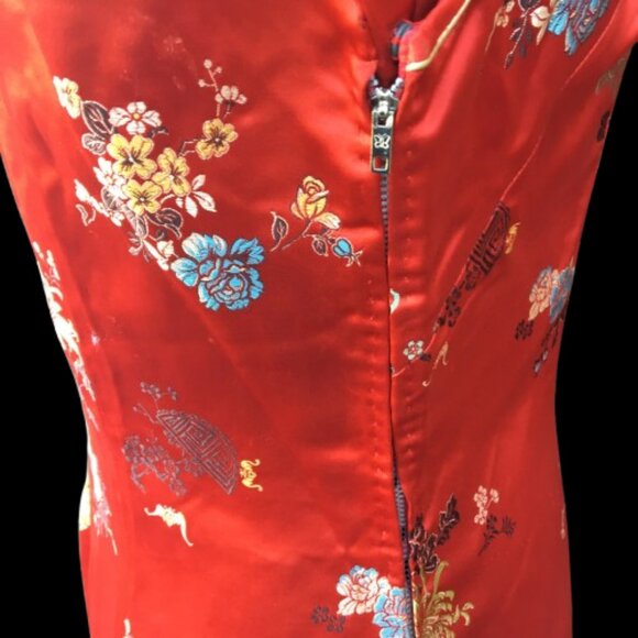 VTG Peony Chinese Qipao Cheongsam Red Dress Size 36 Side Zipper Frog Fasteners - Picture 4 of 11